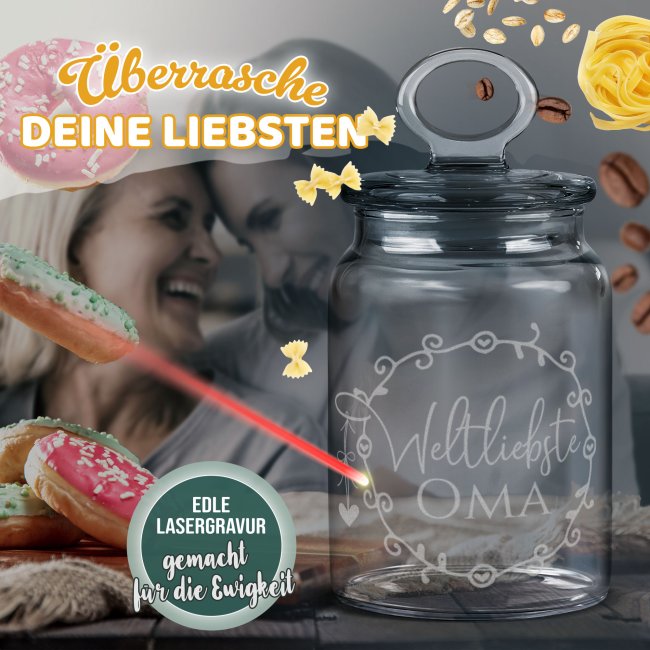 Vorratsdose aus Glas f&uuml;r die weltliebste Oma - mit graviertem Spruch - 800 ml