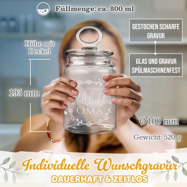 Vorratsdose aus Glas f&uuml;r die weltliebste Oma - mit graviertem Spruch - 800 ml