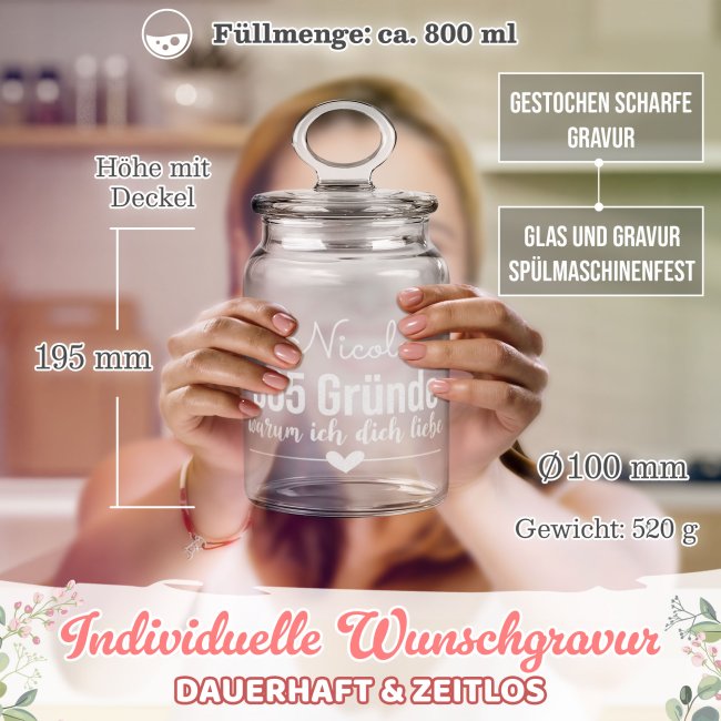 Vorratsdose aus Glas mit Gravur - 365 Gr&uuml;nde - mit Name - 800 ml