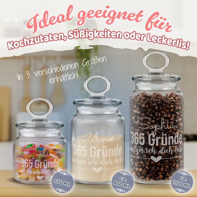 Vorratsdose aus Glas mit Gravur - 365 Gr&uuml;nde - mit Name - 800 ml