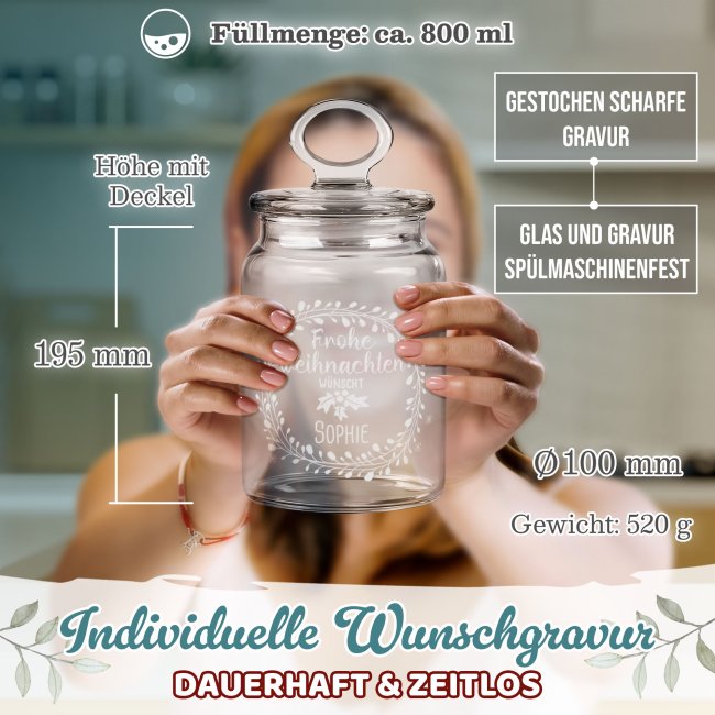 Vorratsdose aus Glas mit Gravur - Motiv - Frohe Weihnachten - mit Name - 800 ml