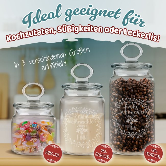 Vorratsdose aus Glas mit Gravur - Motiv - Frohe Weihnachten - mit Name - 800 ml