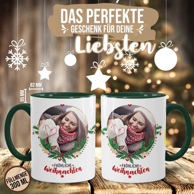 Weihnachtstasse mit Foto selbst gestalten - Frohe Weihnachten - Innen &amp; Henkel Dunkelgr&uuml;n