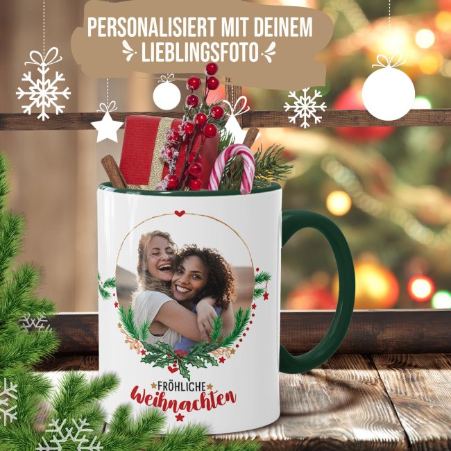 Weihnachtstasse mit Foto selbst gestalten - Frohe Weihnachten - Innen &amp; Henkel Dunkelgr&uuml;n