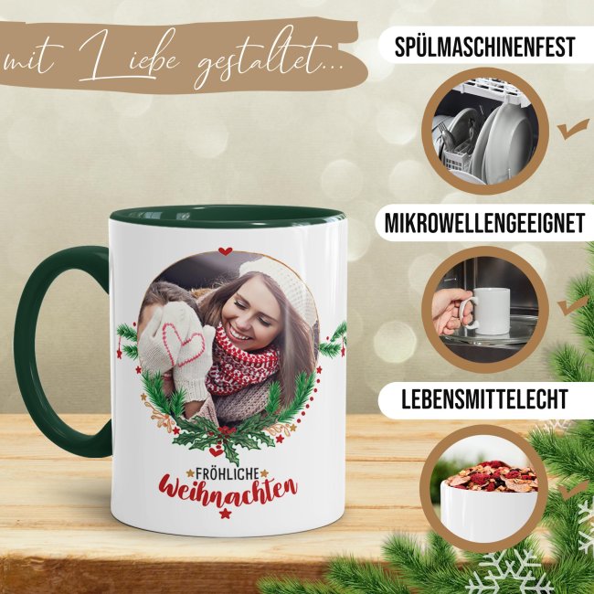 Weihnachtstasse mit Foto selbst gestalten - Frohe Weihnachten - Innen &amp; Henkel Dunkelgr&uuml;n