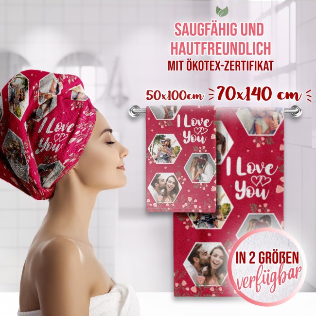 Personalisiertes Handtuch - I love you - mit 6 Fotos - Hochformat, 140 x 70 cm