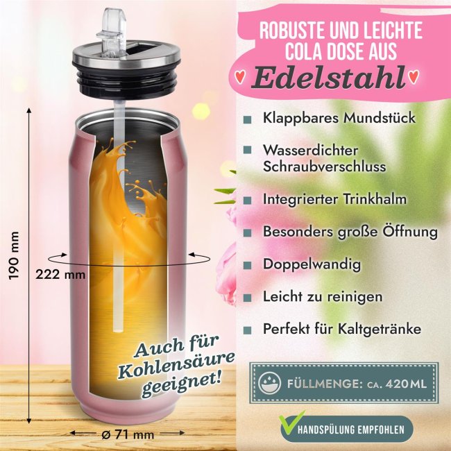 Edelstahl Trinkflasche Cola-Dose - Ich liebe dich - mit Name - Ros&eacute; metallic, 420 ml