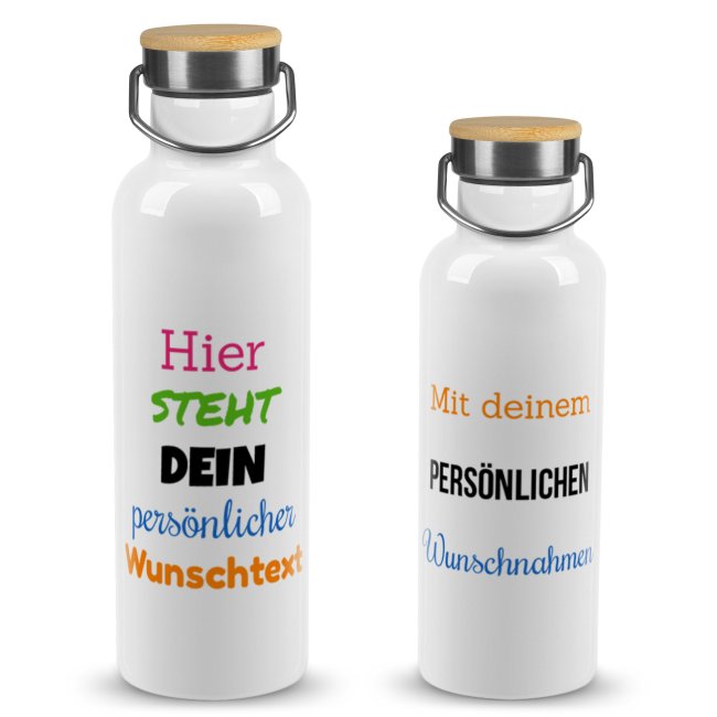 Edelstahl-Trinkflasche mit Wunschtext - Wei&szlig; mit Bambusdeckel - 500 ml und 750 ml