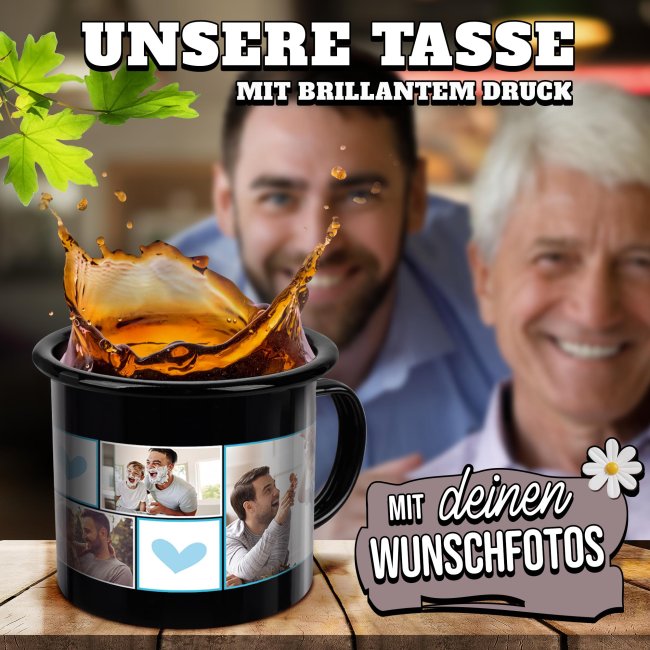 Schwarze Emaille-Tasse - Bester Papa - mit drei Fotos