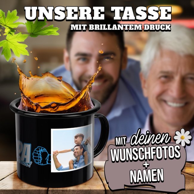 Emaille-Tasse schwarz f&uuml;r Papa - Starkes Team - mit Name und Fotos