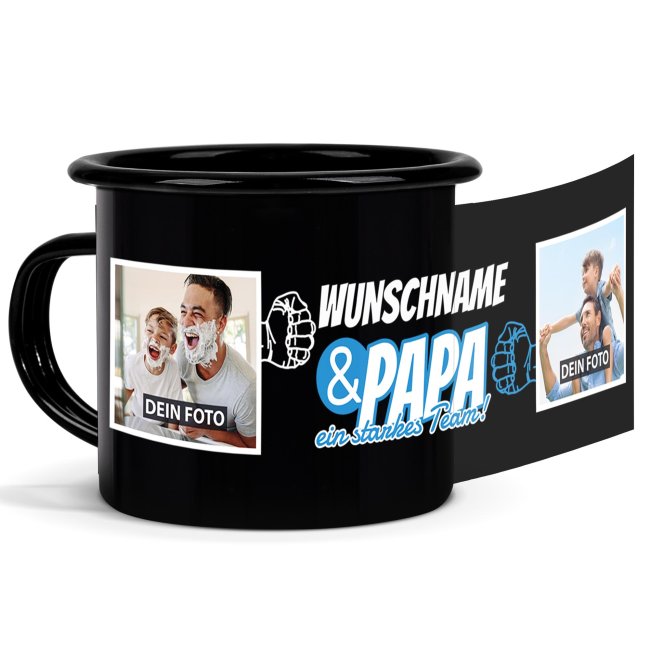 Emaille-Tasse schwarz f&uuml;r Papa - Starkes Team - mit Name und Fotos