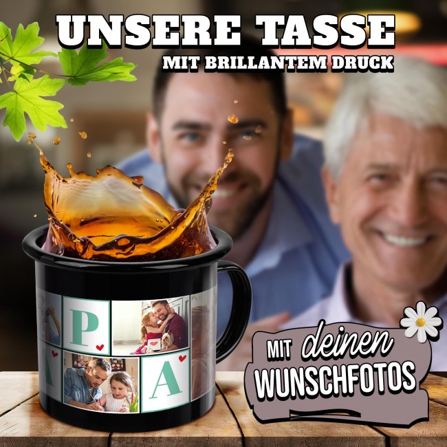 Schwarze Emaille-Tasse - Papa - mit sechs Fotos bedruckt