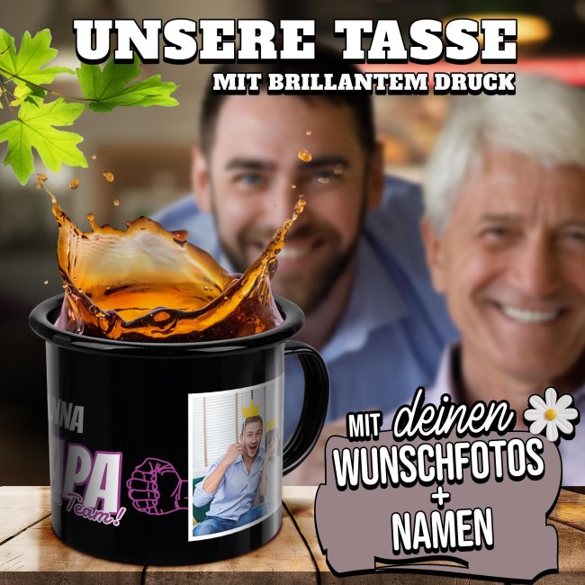 Emaille-Tasse schwarz f&uuml;r Papa von der Tochter - Starkes Team - mit Name und Fotos