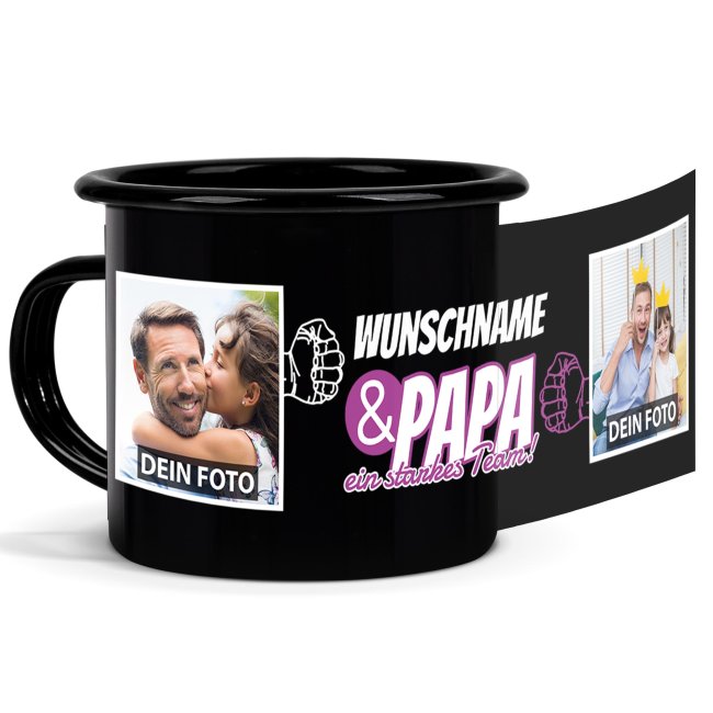 Emaille-Tasse schwarz f&uuml;r Papa von der Tochter - Starkes Team - mit Name und Fotos