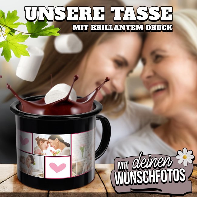 Emaille-Tasse schwarz - Beste Mama - mit drei Fotos