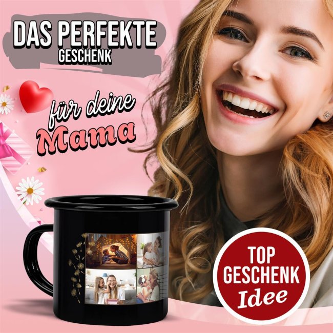 Schwarze Emaille-Tasse - mit Fotocollage f&uuml;r acht Fotos