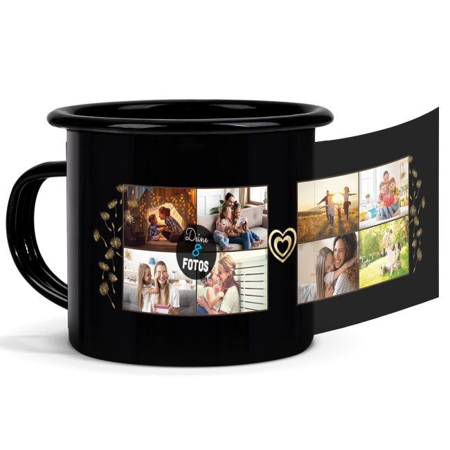 Schwarze Emaille-Tasse - mit Fotocollage f&uuml;r acht Fotos