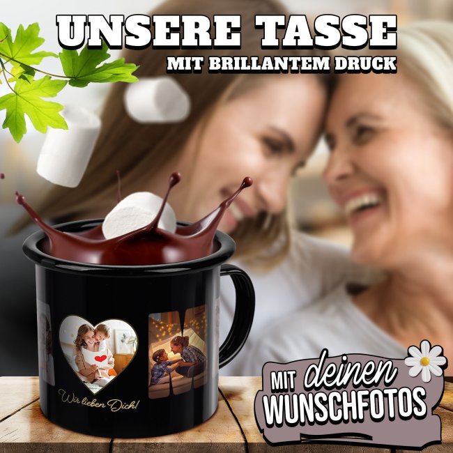 Schwarze Tasse aus Emaille - Wir lieben dich, Mama - mit 5 Fotos