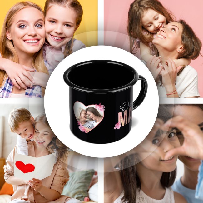 Emaille-Tasse schwarz - Danke Mama - mit Foto bedruckt