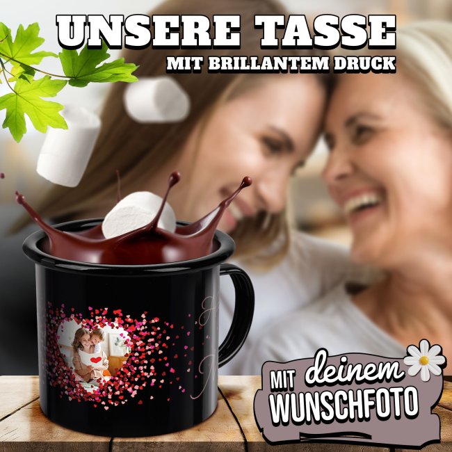 Schwarze Emaille-Tasse f&uuml;r Mama - Danke f&uuml;r alles - mit Foto gestalten