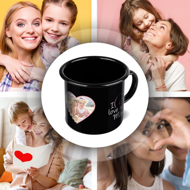 Emaille-Tasse schwarz f&uuml;r Mama - I love you - mit Foto bedruckt