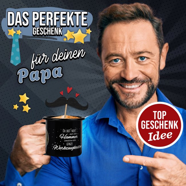 Schwarze Emaille-Tasse mit Spruch - Kein Hammer, ganzer Werkzeugkasten - mit 2 Fotos gestalten