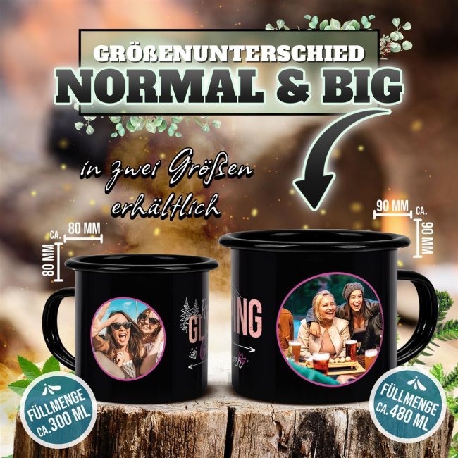 Emaille-Tasse in schwarz mit Spruch - Glamping Girls - mit 2 Fotos gestalten