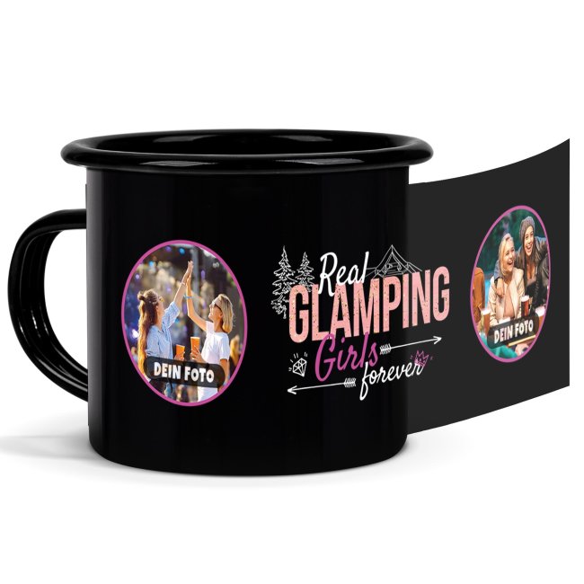 Emaille-Tasse in schwarz mit Spruch - Glamping Girls - mit 2 Fotos gestalten