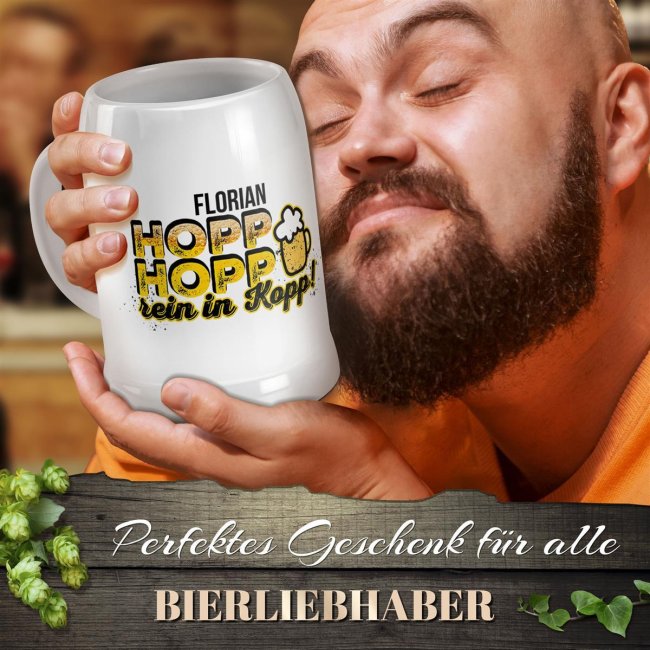 Personalisierter Bierkrug mit Name - Hopp, Hopp rein in Kopp! - Keramik