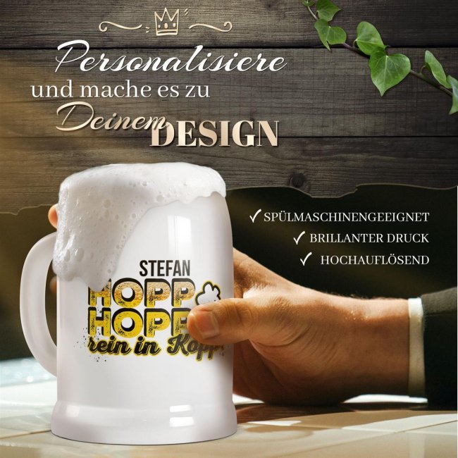 Personalisierter Bierkrug mit Name - Hopp, Hopp rein in Kopp! - Keramik