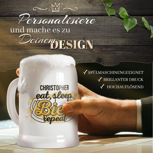 Personalisierter Bierkrug - Eat, sleep, Bier, repeat - mit Name gestalten - Keramik