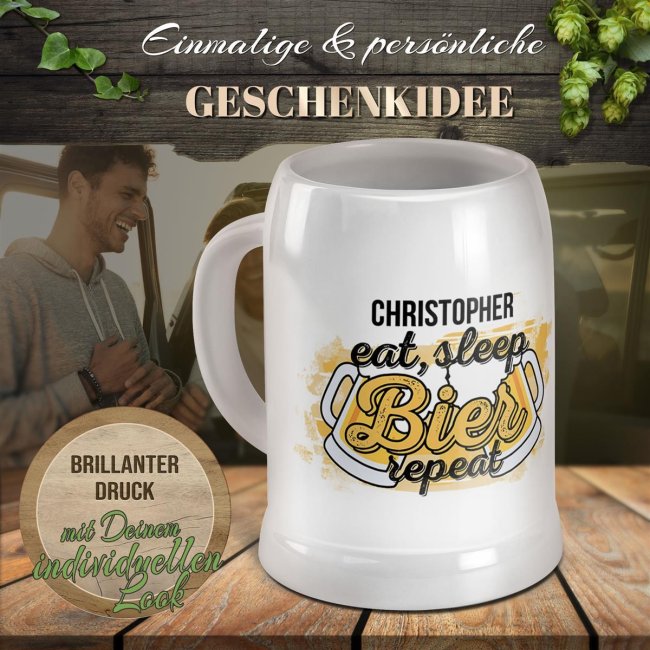 Personalisierter Bierkrug - Eat, sleep, Bier, repeat - mit Name gestalten - Keramik