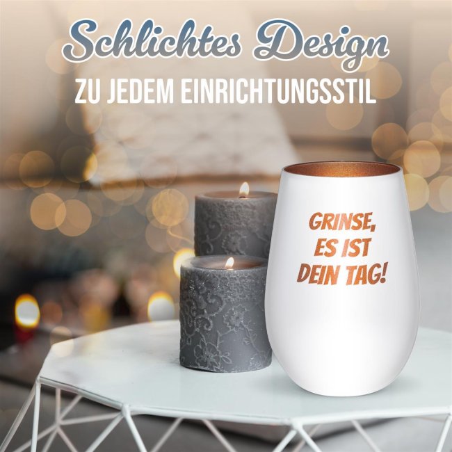 Wei&szlig;es Windlicht mit Gravur - mit 5 Zeilen Text selbst gestalten - inkl. Teelicht - verschiedene Farben