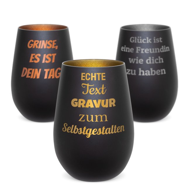 Schwarzes Windlicht mit Gravur - mit 5 Zeilen Text selbst gestalten - inkl. Teelicht - verschiedene Farben