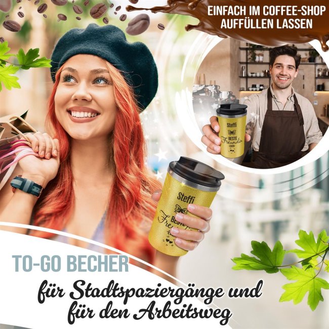 To-Go Edelstahlbecher Glitzer - Beste Freundin ever - mit Name