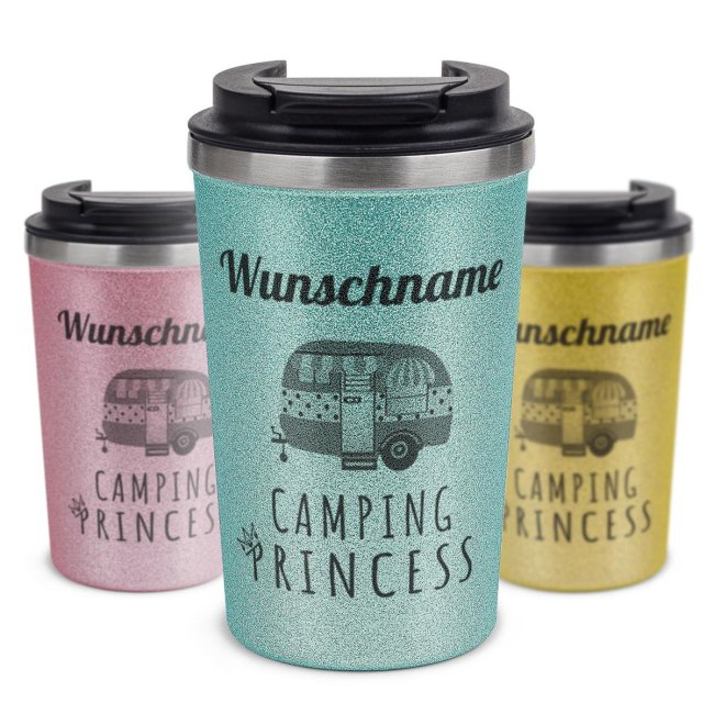 To Go Edelstahlbecher Glitzer - Camping Princess - mit Name