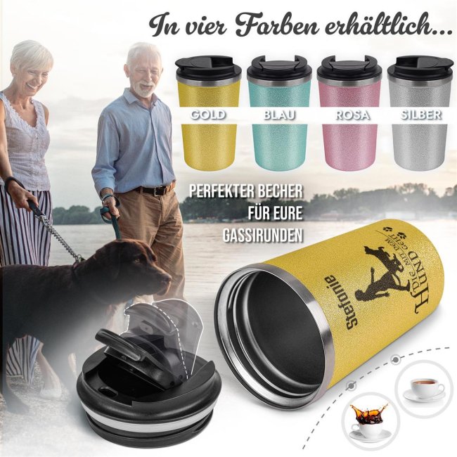 To Go Edelstahlbecher Glitzer - Die mit dem Hund geht - mit Name