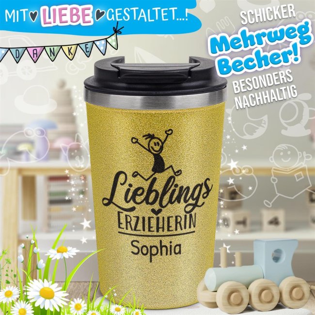 To Go Edelstahlbecher Glitzer - Lieblings-Erzieherin - mit Name