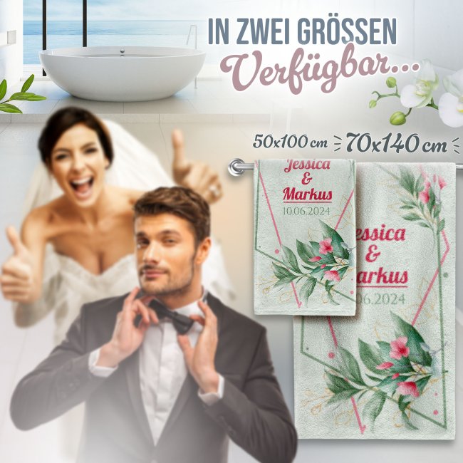 Handtuch als Hochzeitsgeschenk - mit Namen und Datum personalisierbar - 2 Gr&ouml;&szlig;en