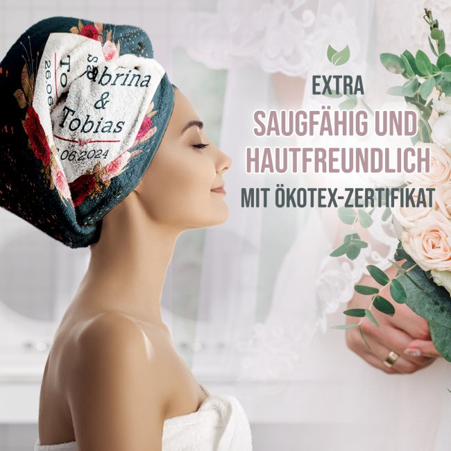 Personalisierbares Handtuch zur Hochzeit - Rosen - mit Namen und Datum - 2 Gr&ouml;&szlig;en