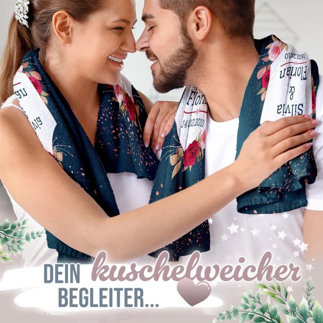 Personalisierbares Handtuch zur Hochzeit - Rosen - mit Namen und Datum - 2 Gr&ouml;&szlig;en