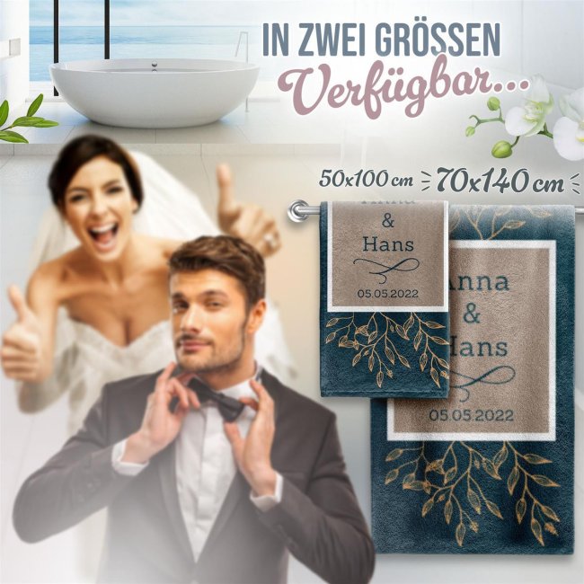 Personalisierbares Handtuch zur Hochzeit - Bl&auml;tter - mit Namen und Datum - 2 Gr&ouml;&szlig;en