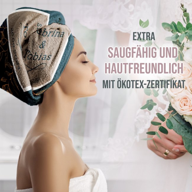 Personalisierbares Handtuch zur Hochzeit - Bl&auml;tter - mit Namen und Datum - 2 Gr&ouml;&szlig;en