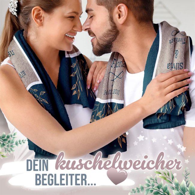 Personalisierbares Handtuch zur Hochzeit - Bl&auml;tter - mit Namen und Datum - 2 Gr&ouml;&szlig;en