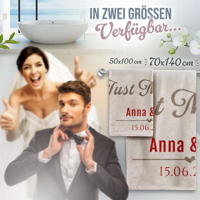 Handtuch als Hochzeitsgeschenk - Just married - mit Namen und Datum  - 2 Gr&ouml;&szlig;en