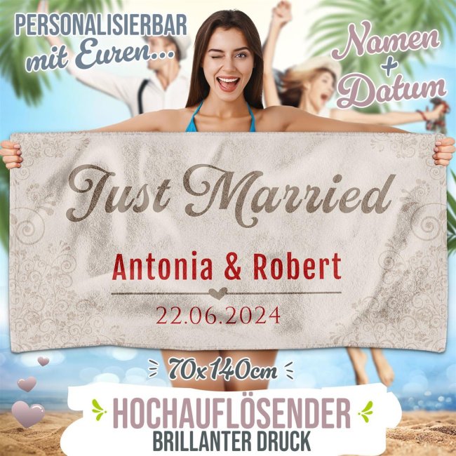 Handtuch als Hochzeitsgeschenk - Just married - mit Namen und Datum  - 2 Gr&ouml;&szlig;en