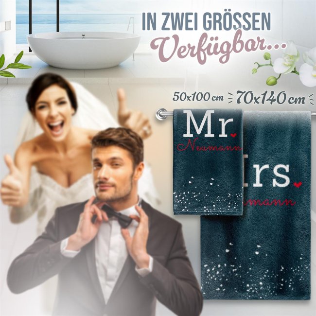 Personalisierbare Handt&uuml;cher zur Hochzeit - Mr.&amp; Mrs. - mit Namen in Blau - 2 Gr&ouml;&szlig;en