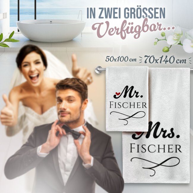 Personalisierbare Handt&uuml;cher zur Hochzeit - Mr.&amp; Mrs. - mit Namen in Wei&szlig; - 2 Gr&ouml;&szlig;en