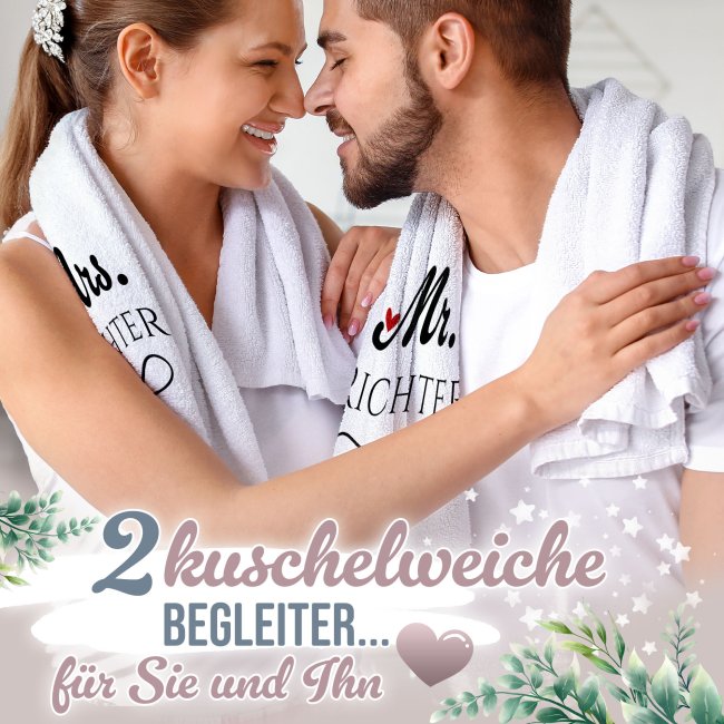 Personalisierbare Handt&uuml;cher zur Hochzeit - Mr.&amp; Mrs. - mit Namen in Wei&szlig; - 2 Gr&ouml;&szlig;en