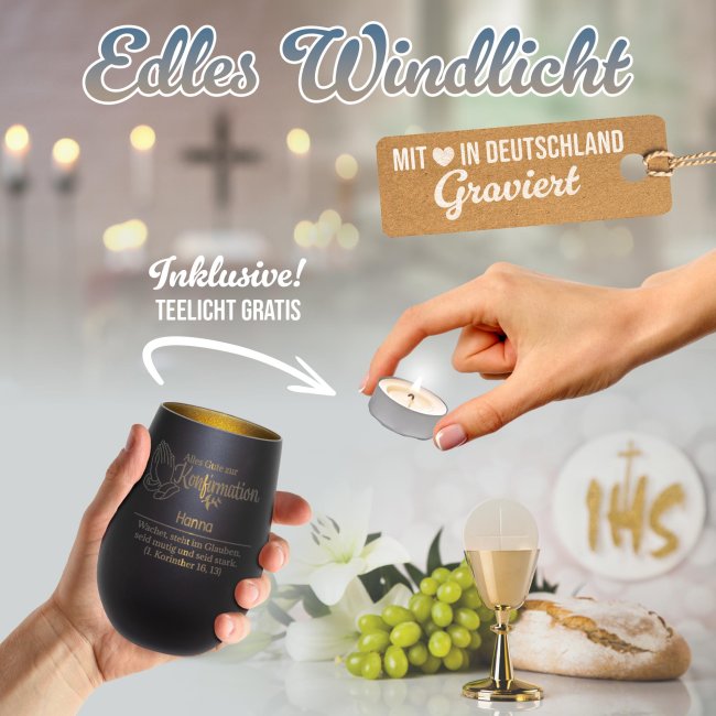 Windlicht mit Gravur - Alles Gute zur Konfirmation - mit Name - inkl. Teelicht